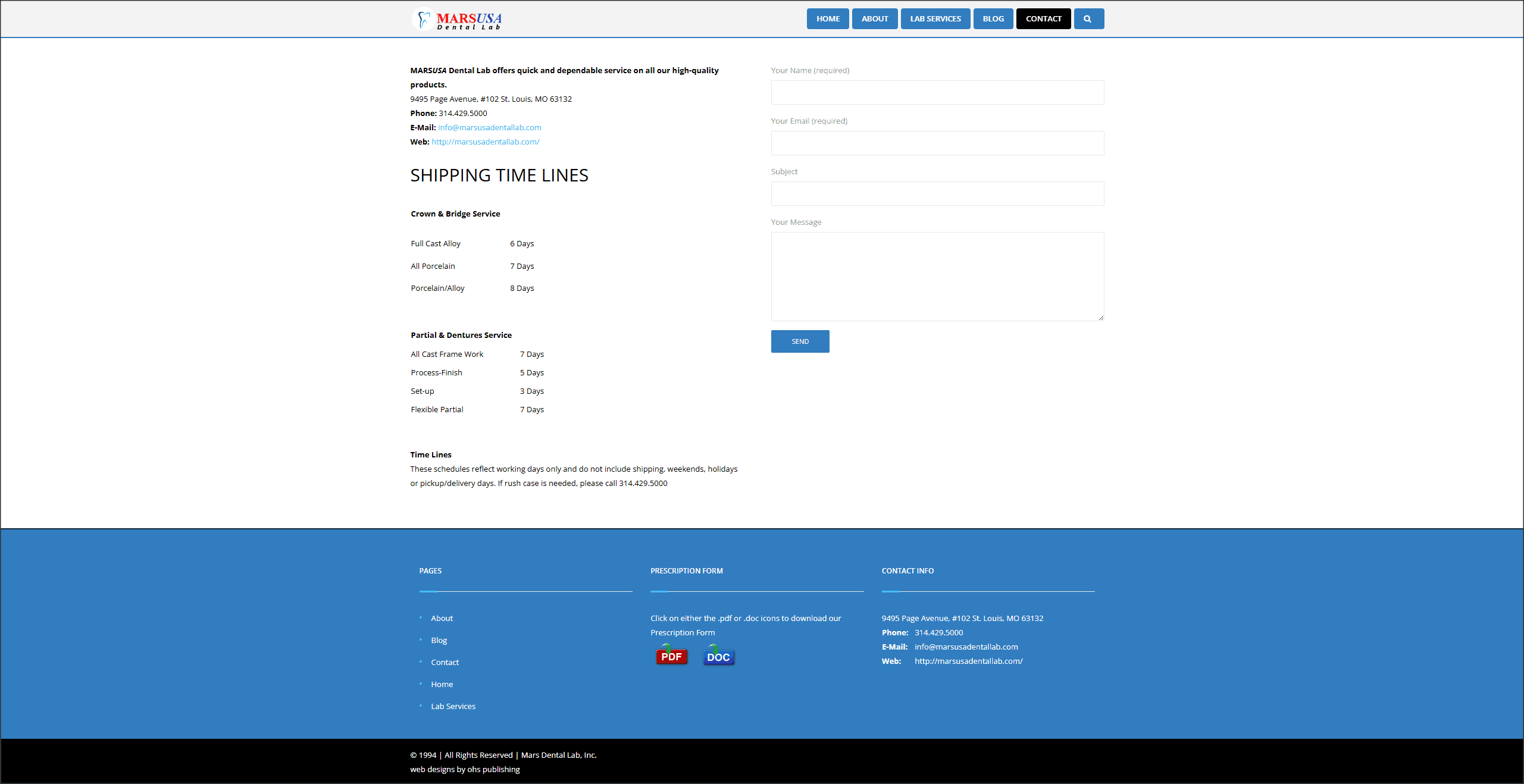 Mars USA Dental Labs mobile website layout