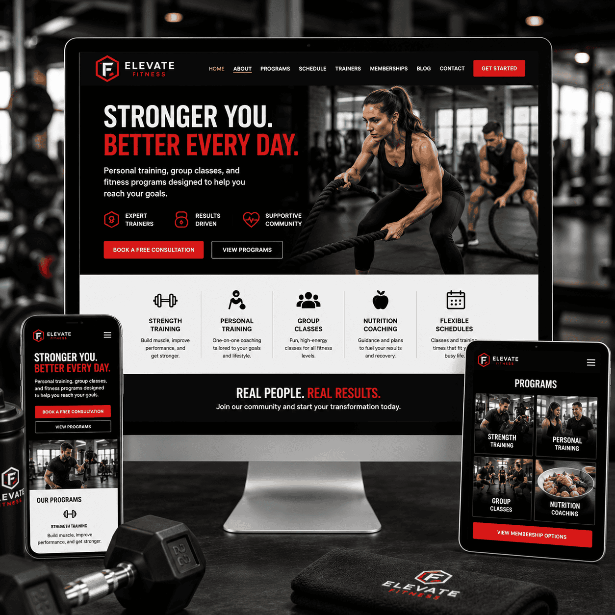 Fitness trainer and gym website design mockup by OHS Publishing