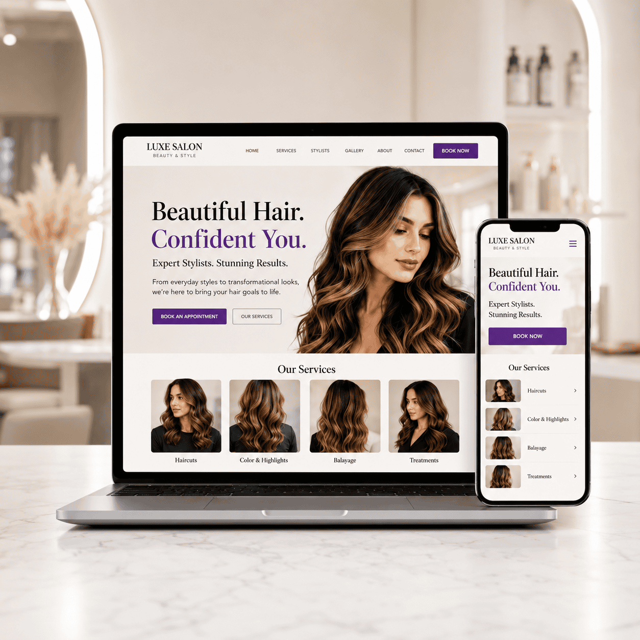 Hair salon website design mockup by OHS Publishing
