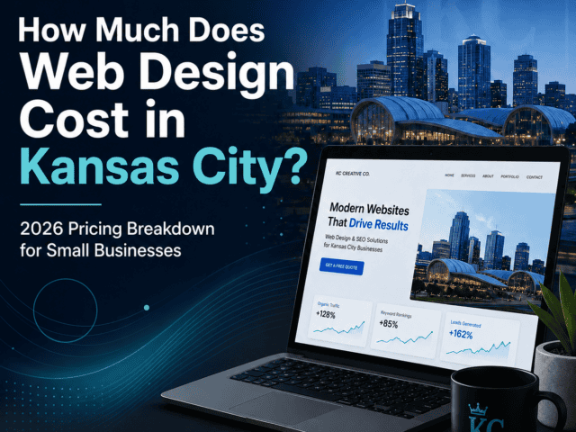 Kansas City skyline with laptop showing web design services.