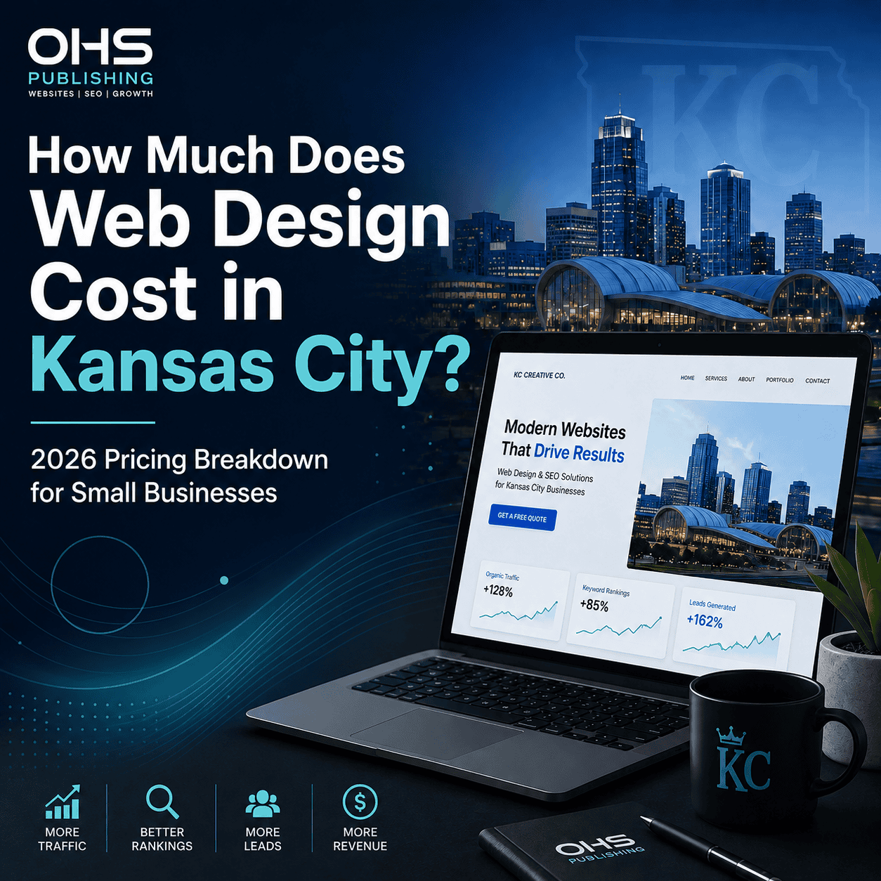 Kansas City skyline with laptop showing web design services.