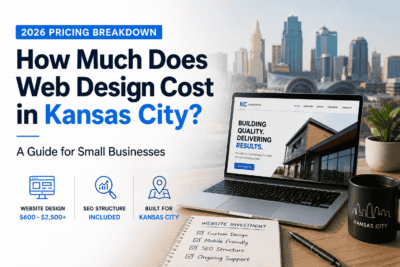 Web design cost guide for Kansas City small businesses with city skyline background.