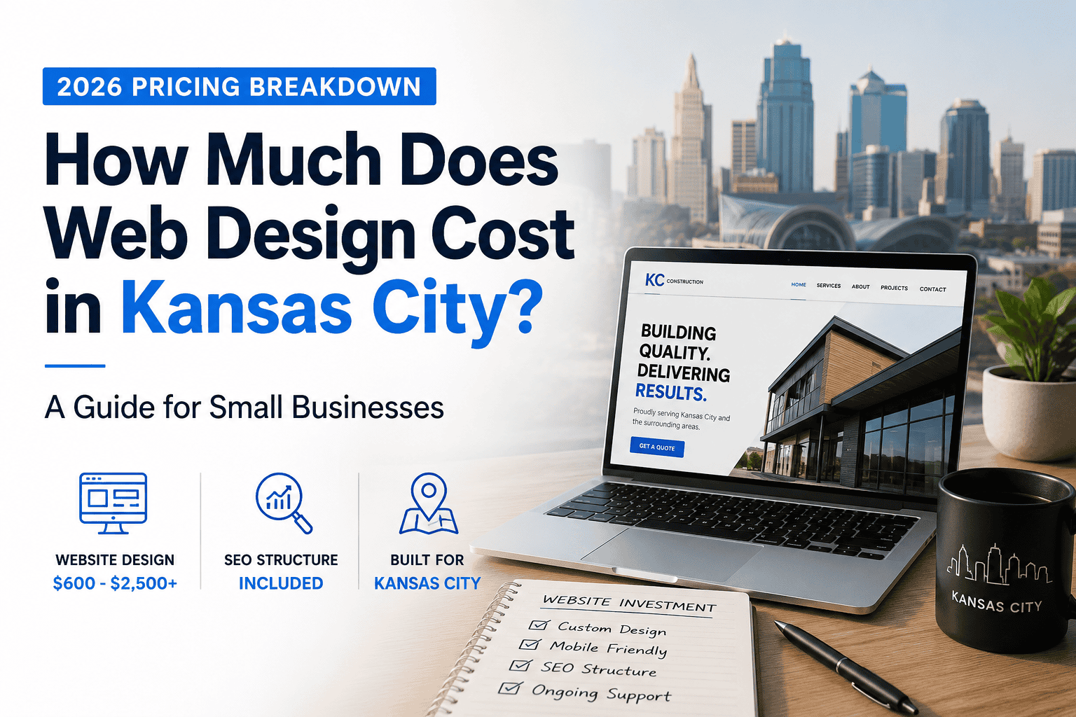 Web design cost guide for Kansas City small businesses with city skyline background.