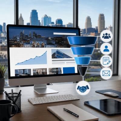 Business digital marketing funnel with icons for target, engagement, and conversion.