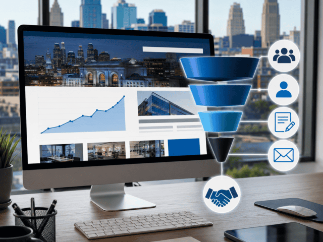 Business digital marketing funnel with icons for target, engagement, and conversion.