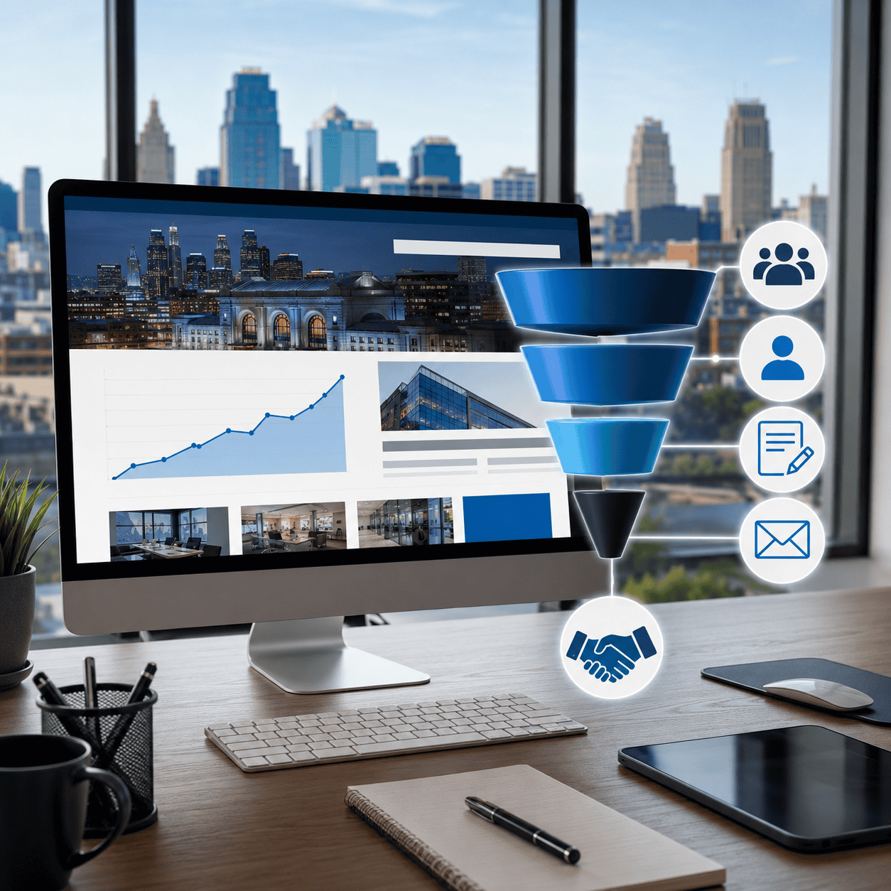 Business digital marketing funnel with icons for target, engagement, and conversion.