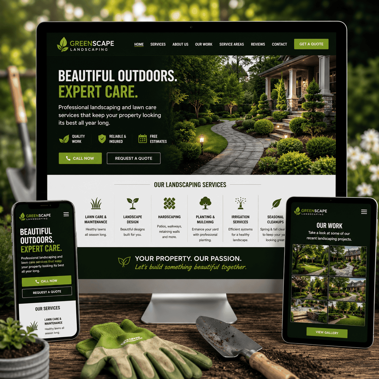 Landscaping and lawn care website design mockup by OHS Publishing