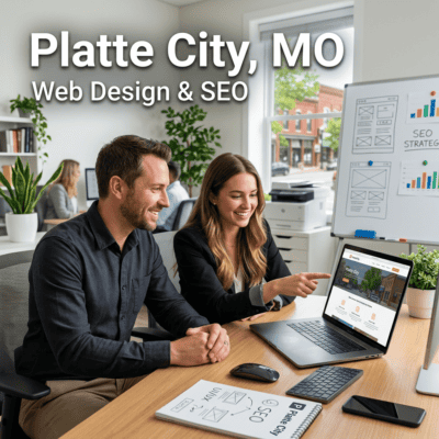 Business team working on web design and SEO strategies in office.