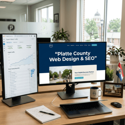 Office setup with monitors displaying web design and SEO analytics.