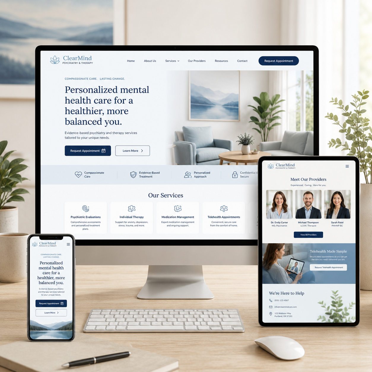 Psychiatrist and therapist website design mockup by OHS Publishing