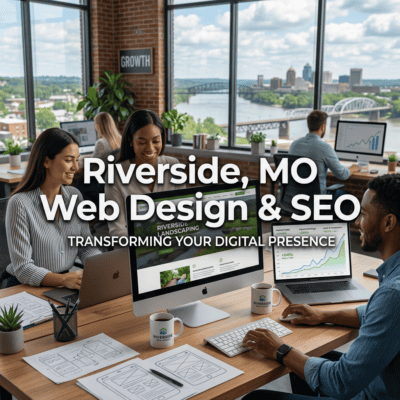Team working on web design and SEO strategies in Riverside, MO office with city view.