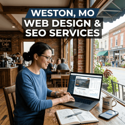 Woman working on laptop for Weston MO web design and SEO services.