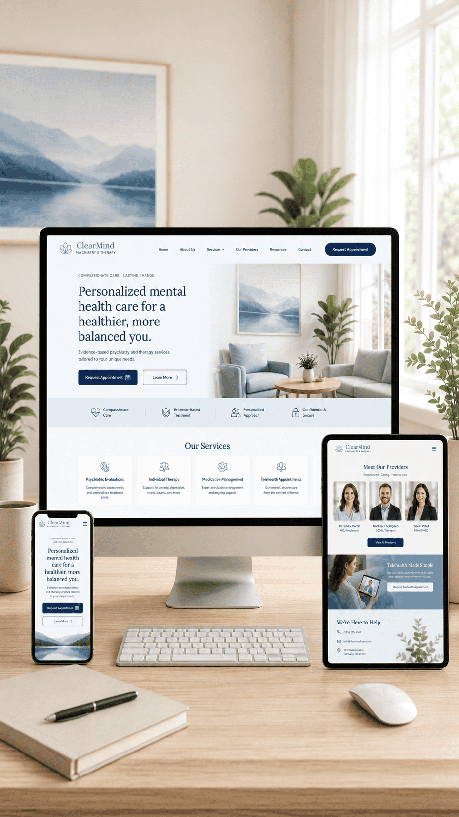 Psychiatrist and therapist website design mockup by OHS Publishing