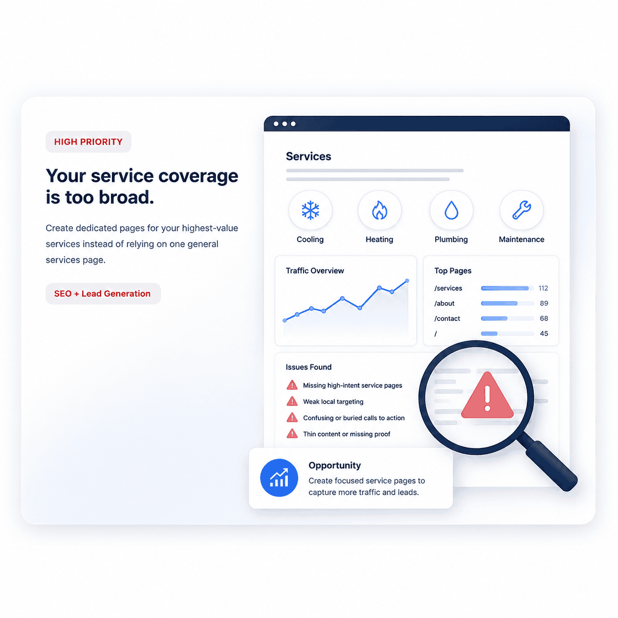 Example of a high-priority service page issue identified during a website and SEO audit