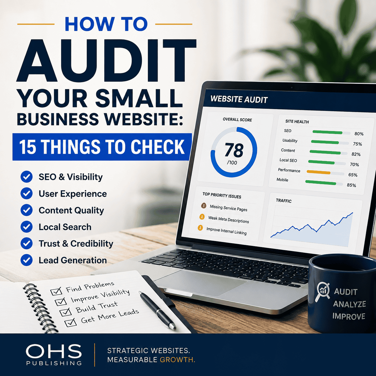 Small business website audit with SEO and traffic analysis on laptop screen.