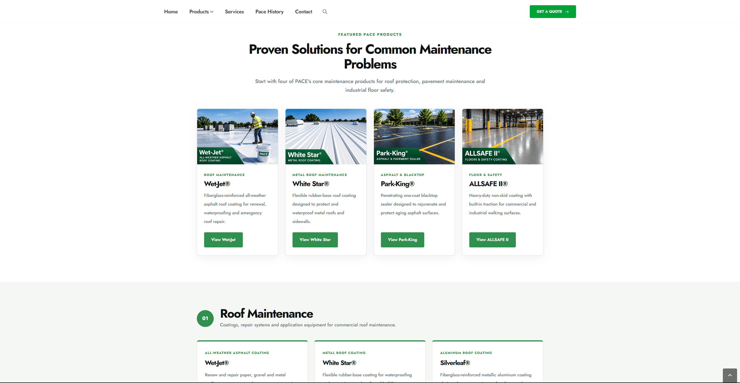 Pace Products product information website layout