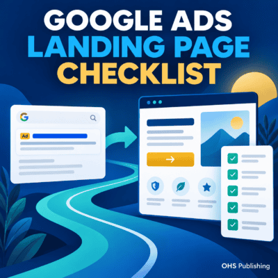 Google Ads landing page checklist showing the path from a search ad to a focused conversion page