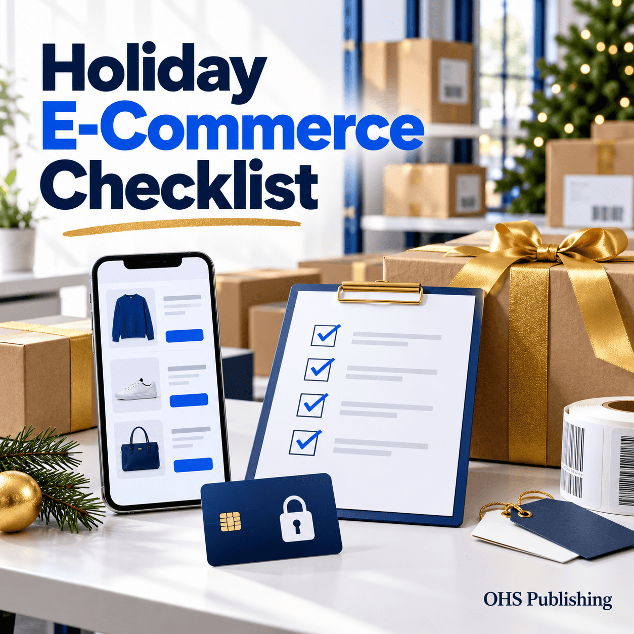 Holiday e-commerce checklist with shopping items and gift boxes for online store optimization.