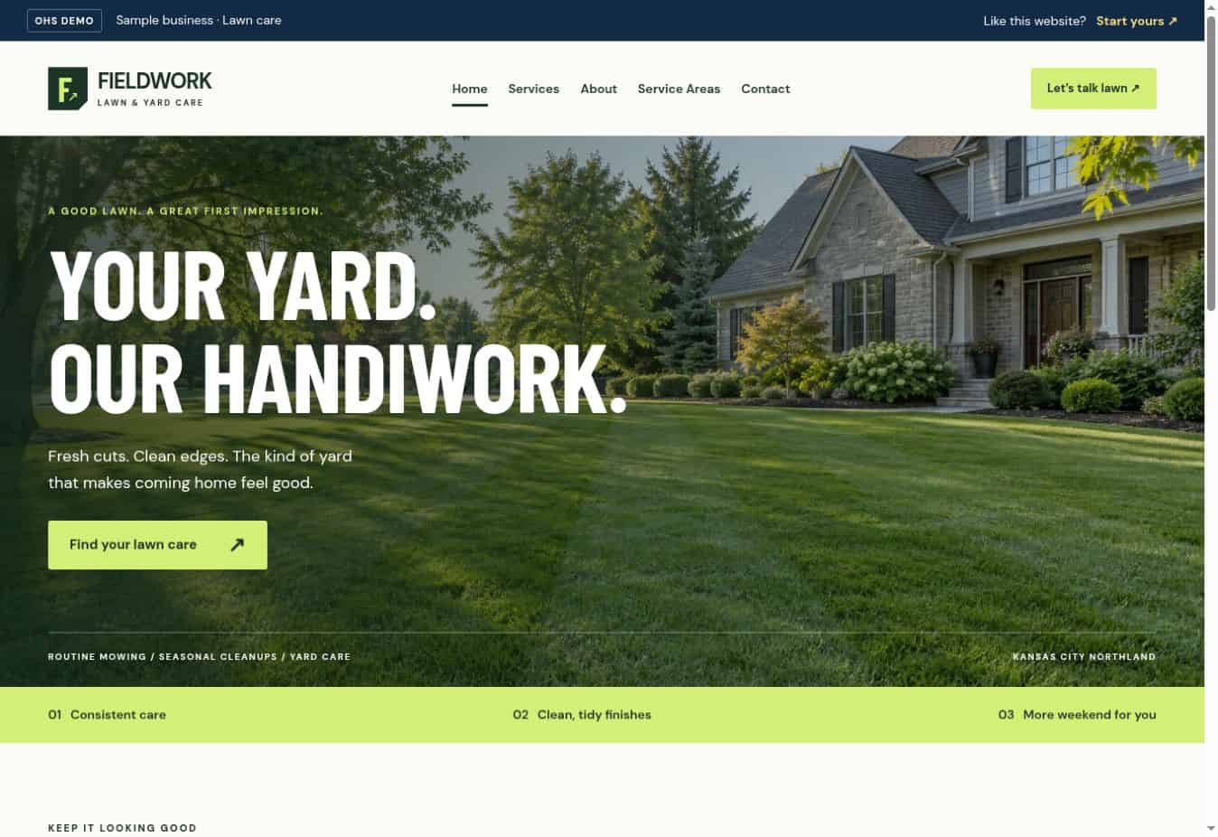 Fieldwork lawn care website demo with bold typography and outdoor imagery