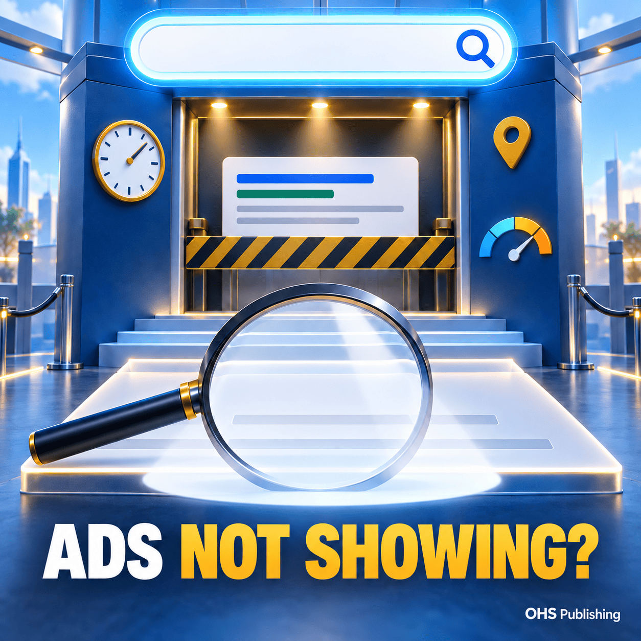 Search engine with magnifying glass and digital interface for online advertising.