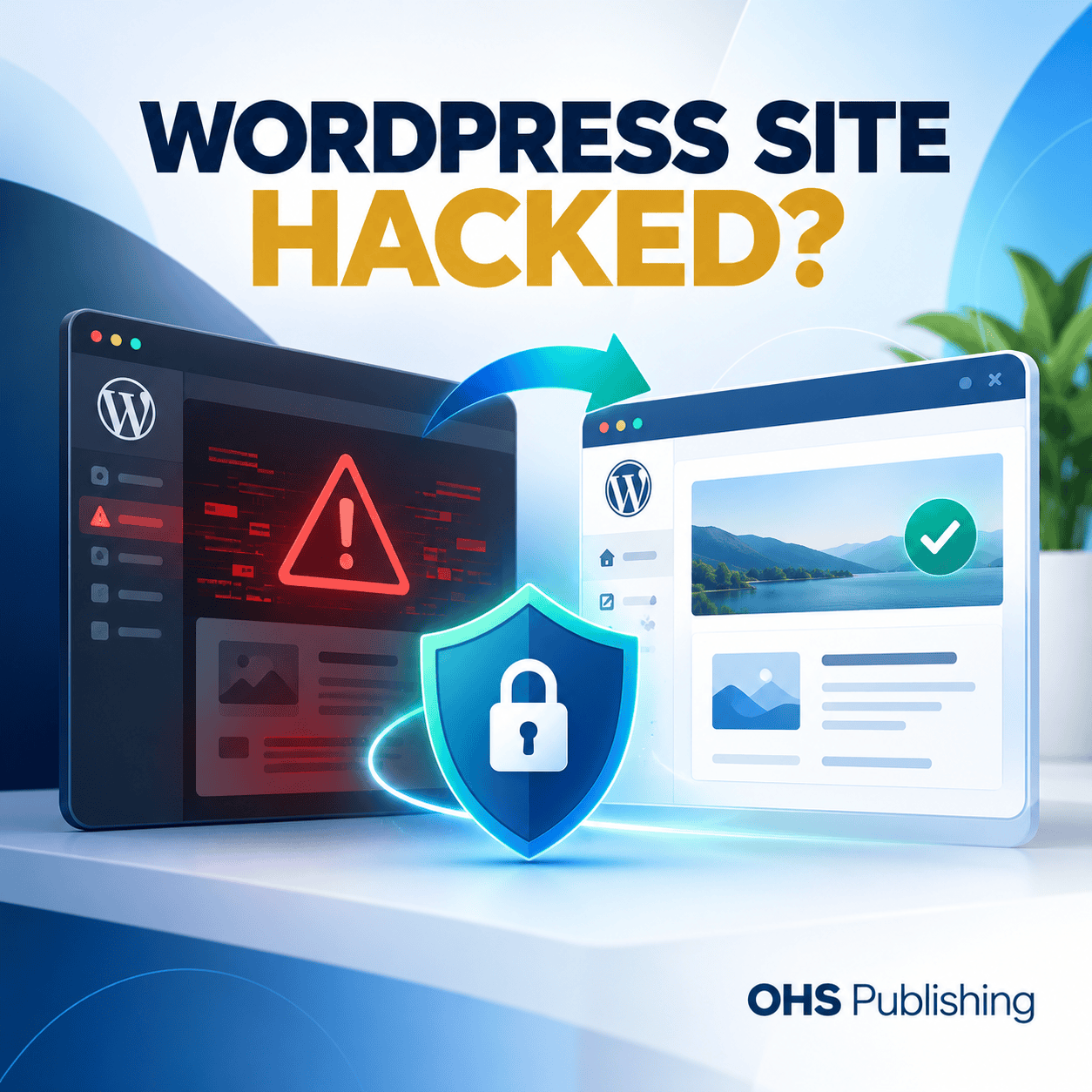 Website security alert indicating a WordPress site has been hacked with a lock icon.