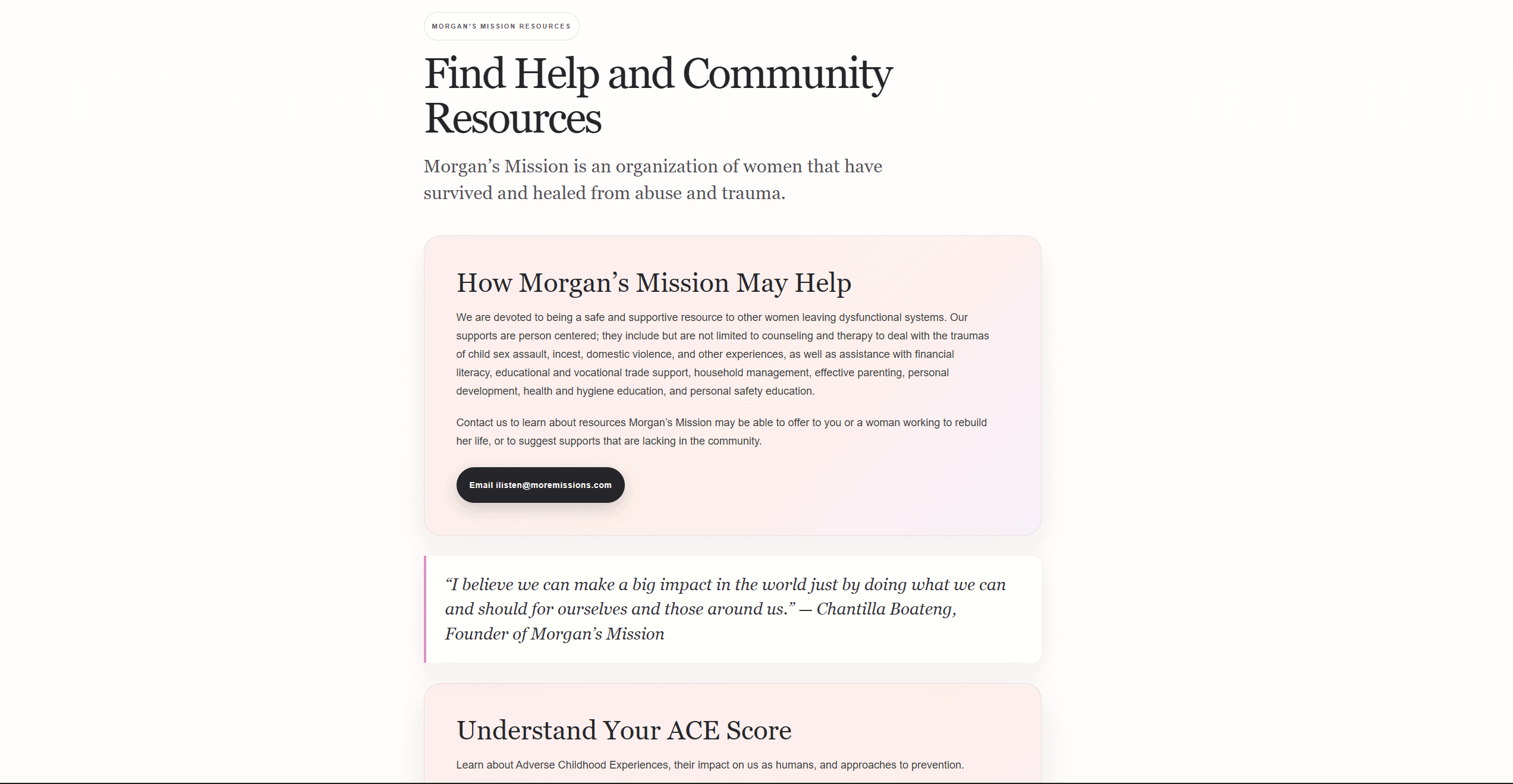Morgan’s Mission resource or content section design