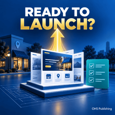 Digital marketing launch with website and checklist icons in a cityscape.