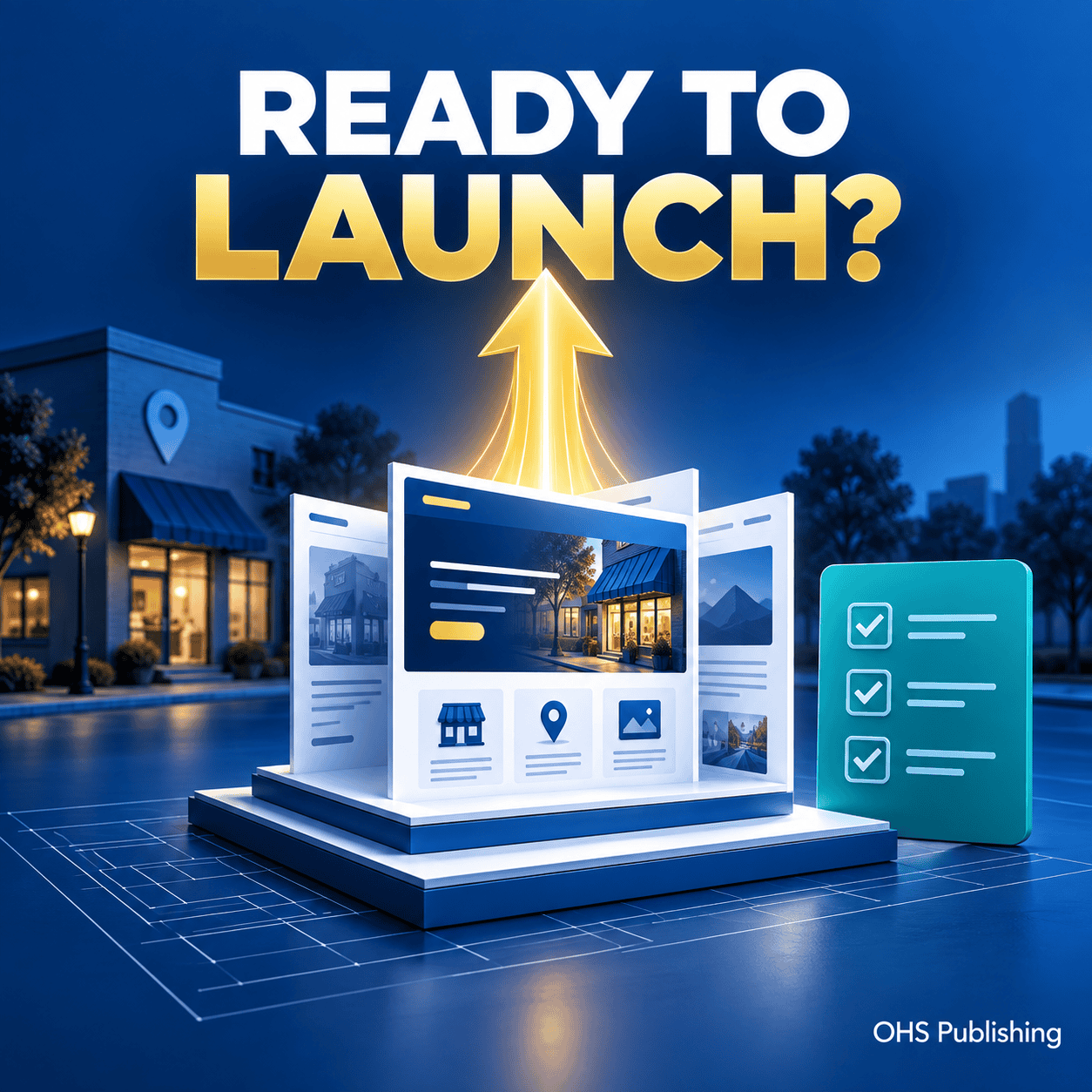 Digital marketing launch with website and checklist icons in a cityscape.