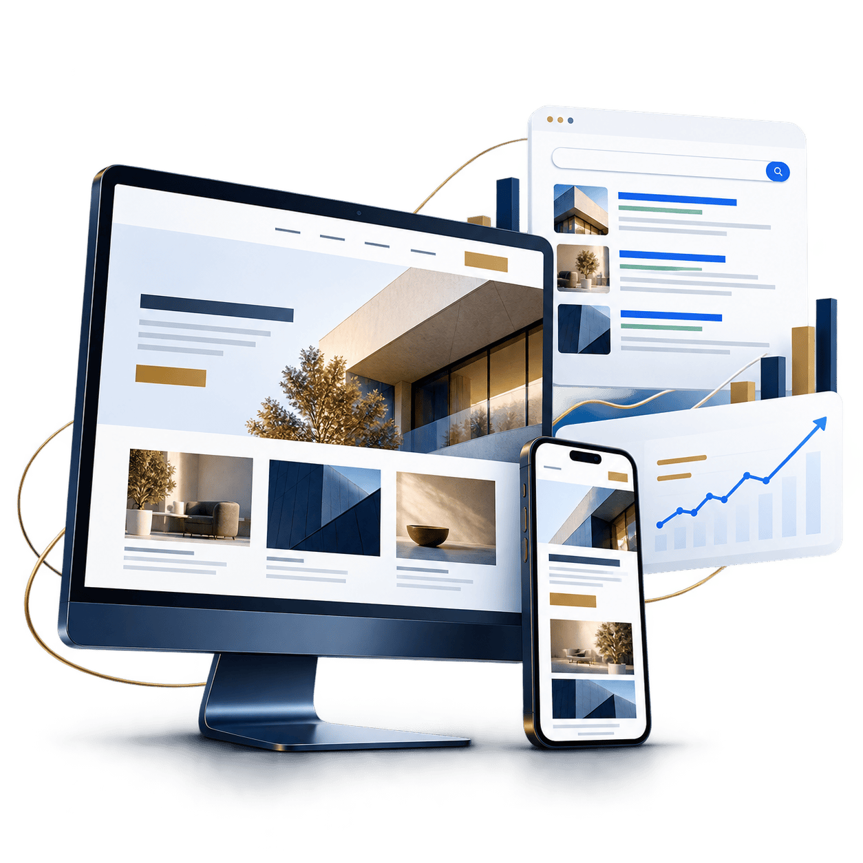 Responsive website designs on desktop and mobile, paired with search results and an SEO growth chart
