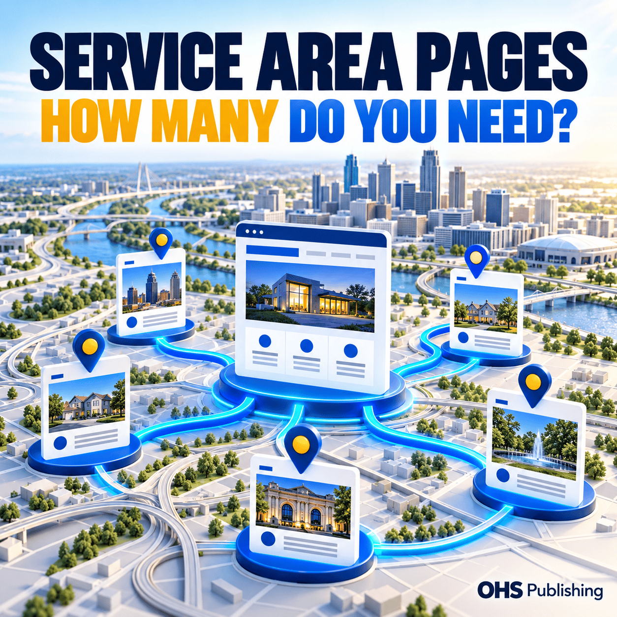 Map with service area pages and location markers for local SEO optimization.