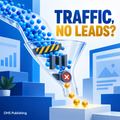 Visual representation of website traffic issues leading to no leads with funnel and analytics icons.