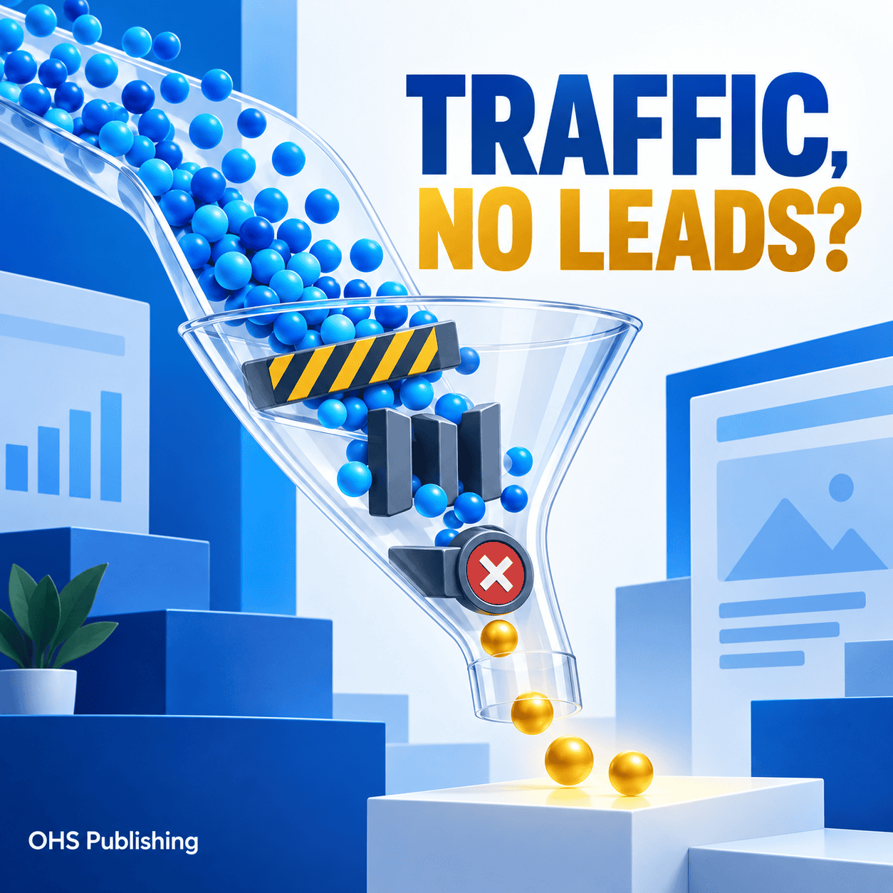 Visual representation of website traffic issues leading to no leads with funnel and analytics icons.