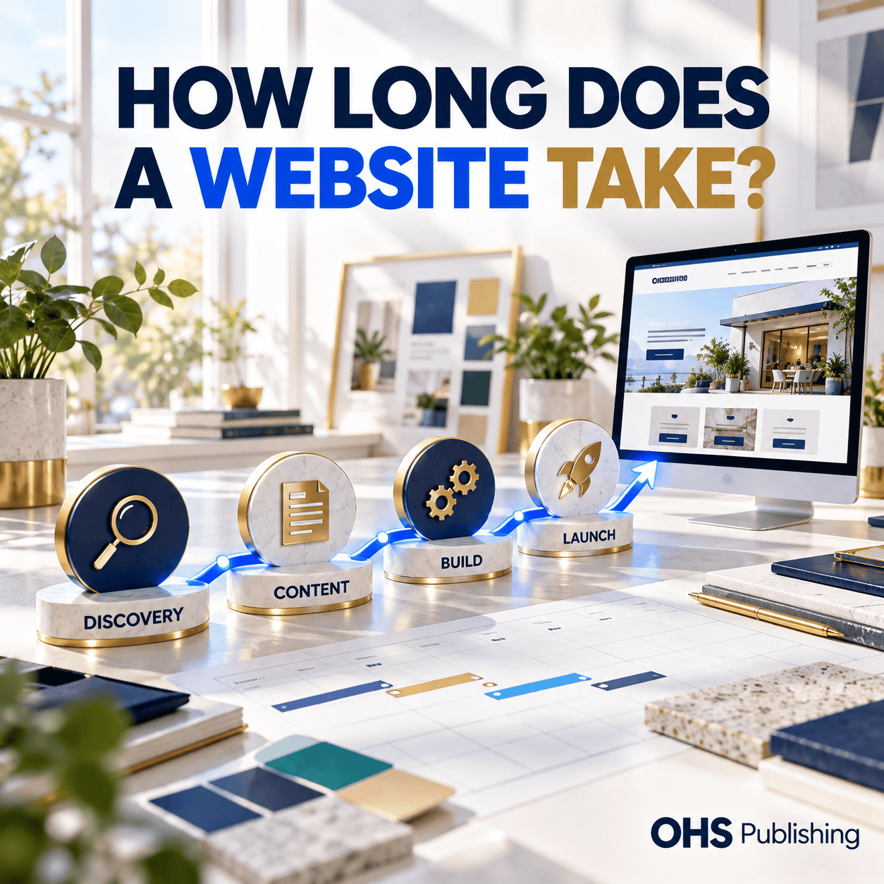Steps to build a small business website with discovery, content, build, and launch phases.