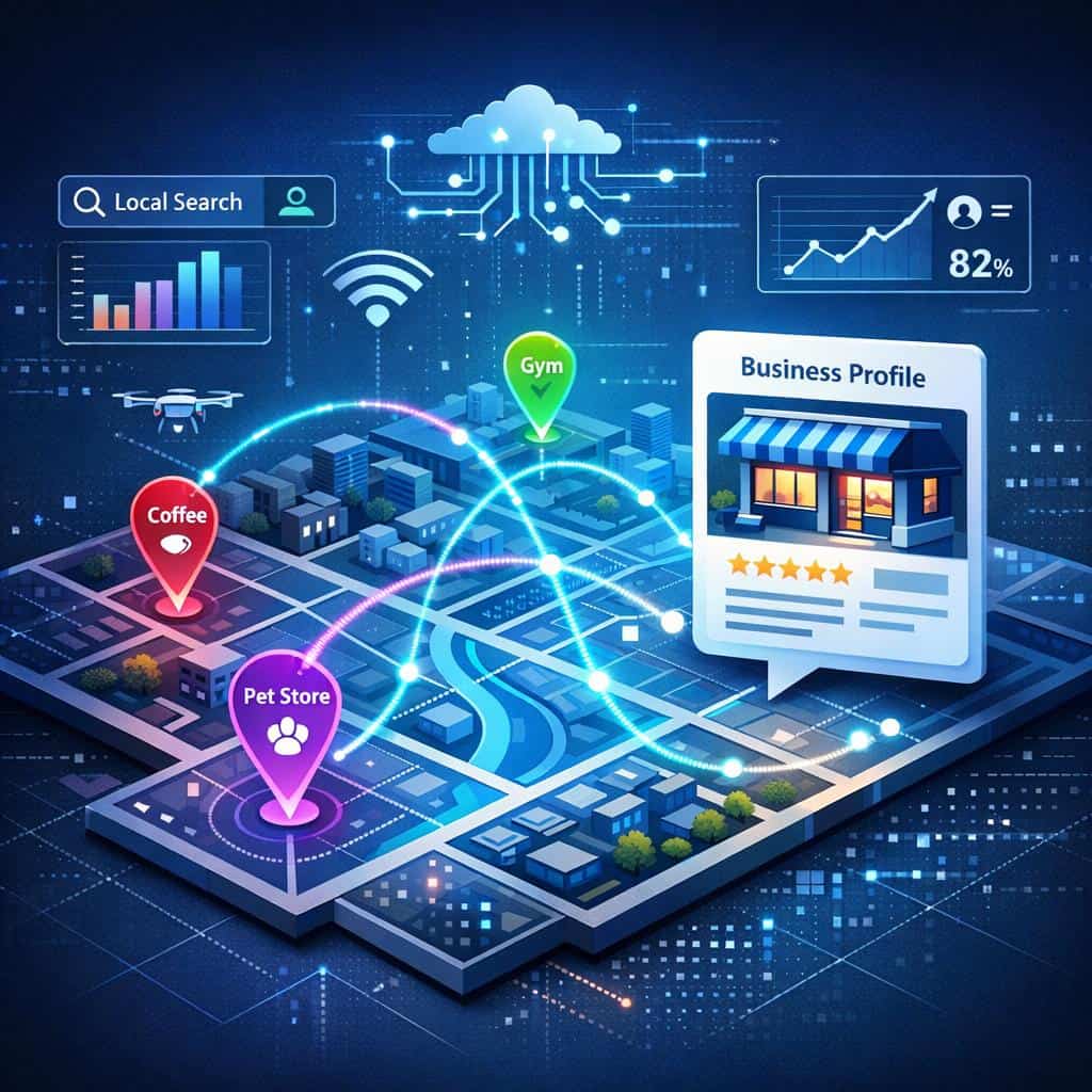 Digital map showing local business locations connected via cloud technology.