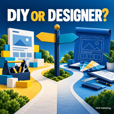 DIY or professional web design decision with creative signpost and design tools.