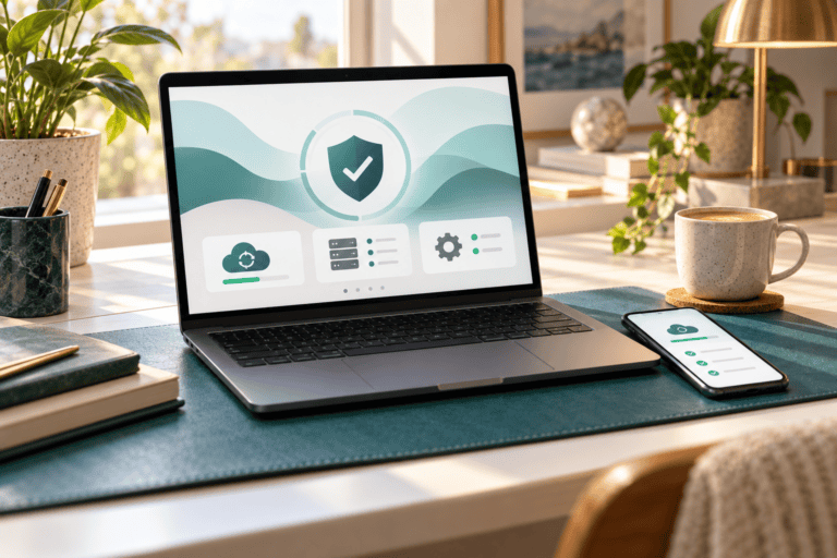 Laptop showing website security, backups, and maintenance checks