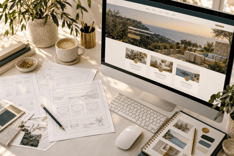 Website wireframes beside a finished site design