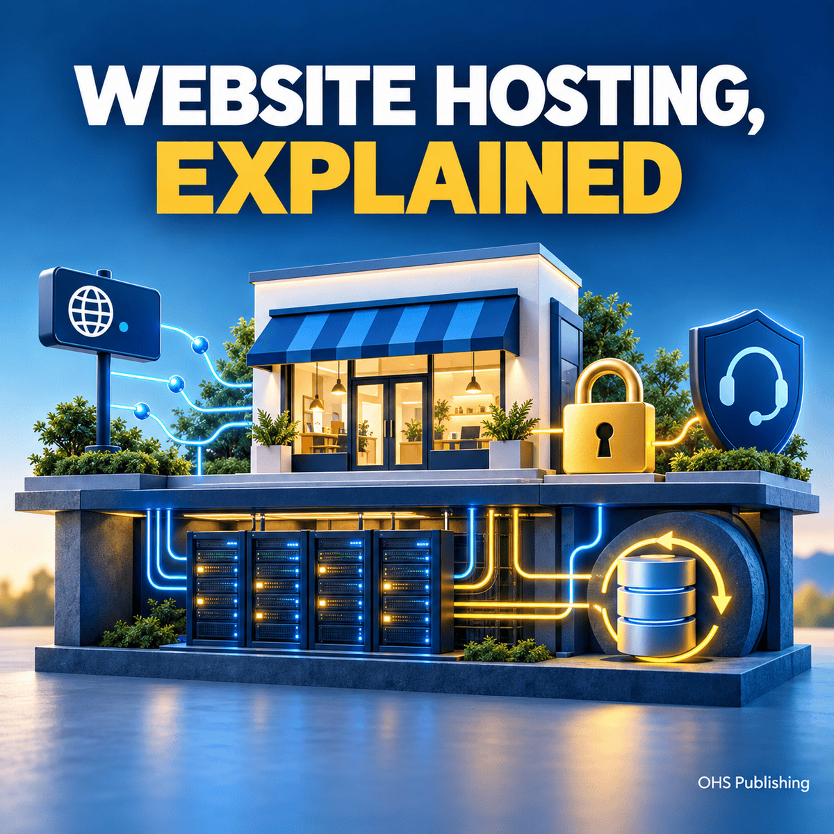 Illustration of website hosting with servers, security icons, and a storefront.